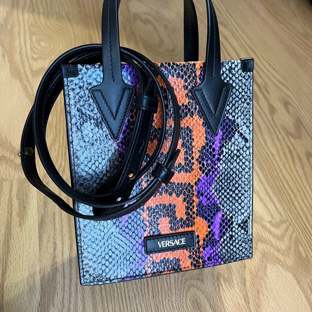 Versace Python Print Greca Crossbody Shoulder Bag